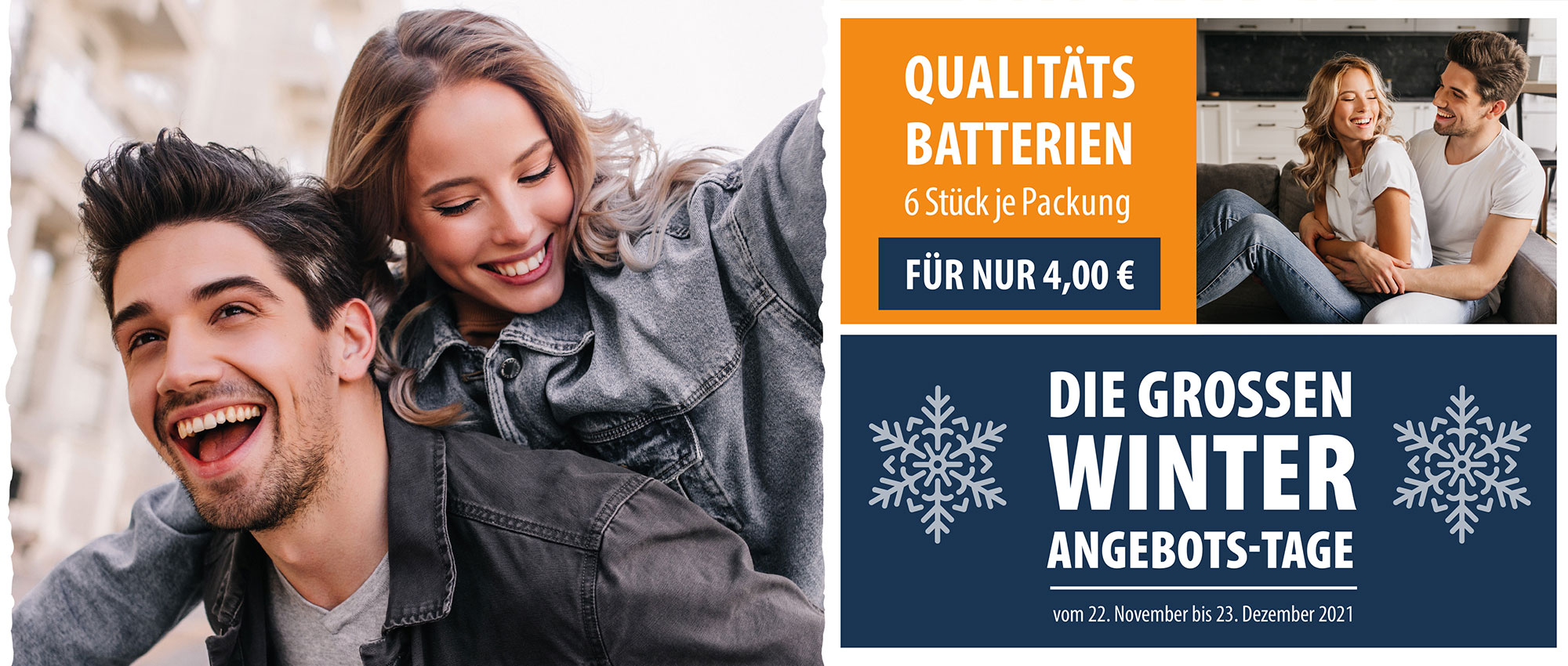 Junges Paar lacht zusammen draußen und entspannt im Wohnzimmer neben Winter Angebotswerbung für Qualitätsbatterien​​​​​​​​​​​​​​​​​​​​​​​​​​​​​​​