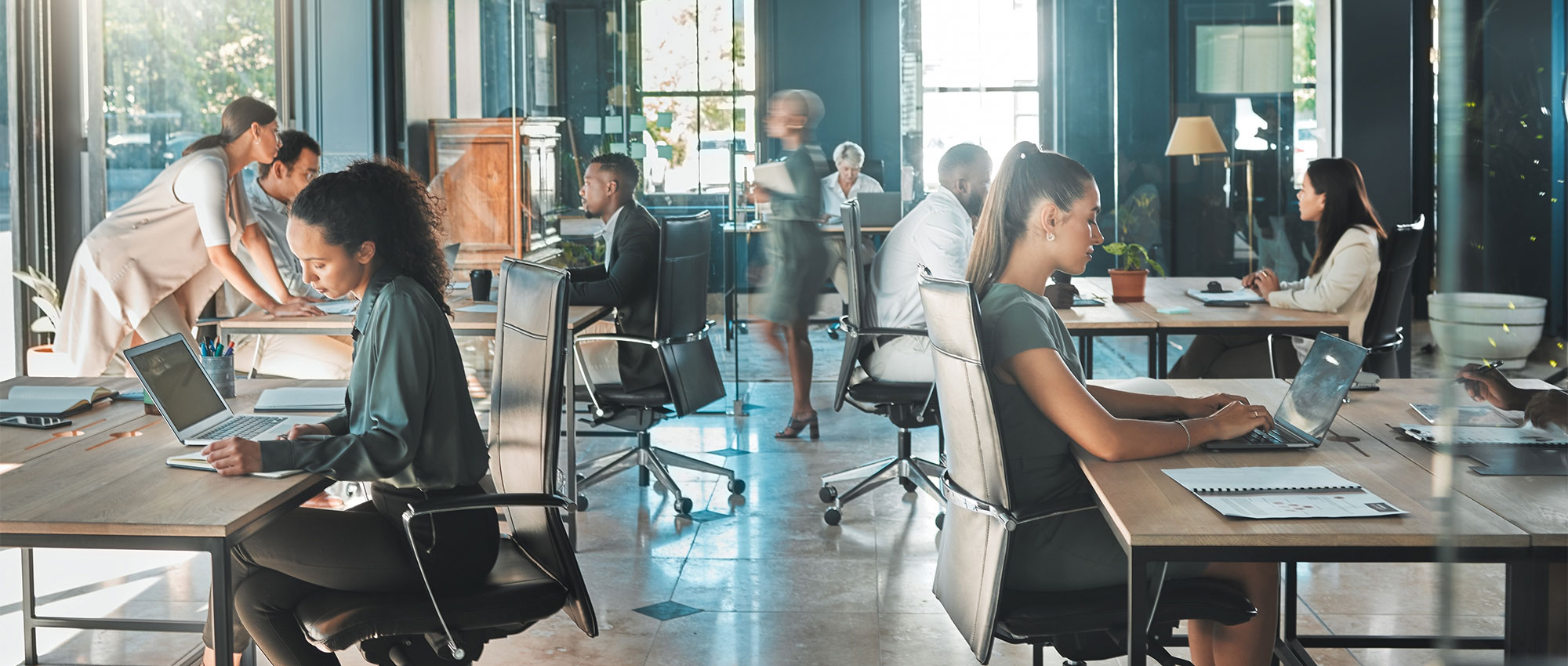 Großraumbüro mit mehreren Mitarbeitern an Schreibtischen, Laptops und moderner Büroeinrichtung, ruhige Arbeitsatmosphäre​​​​​​​​​​​​​​​​​​​​​​​​​