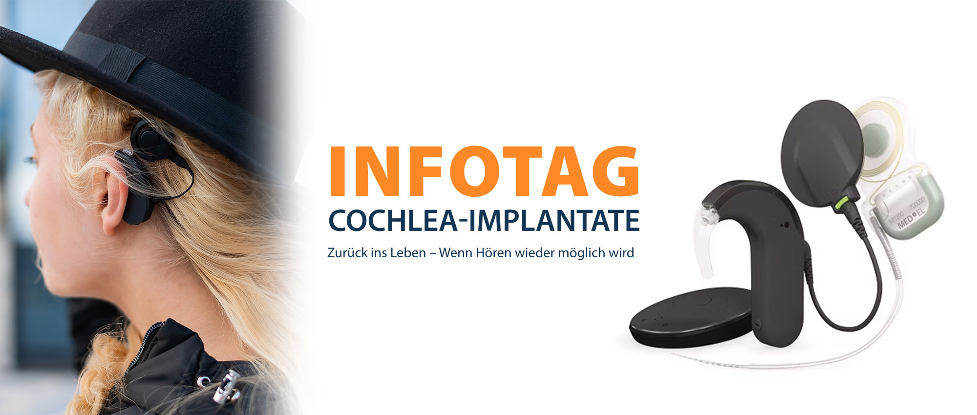 Frau trägt Cochlea-Implantat mit schwarzem Hut, daneben technische Implantat-Komponenten auf weißem Hintergrund​​​​​​​​​​​​​​​​​​​​​​​​​​​​​​​​​​