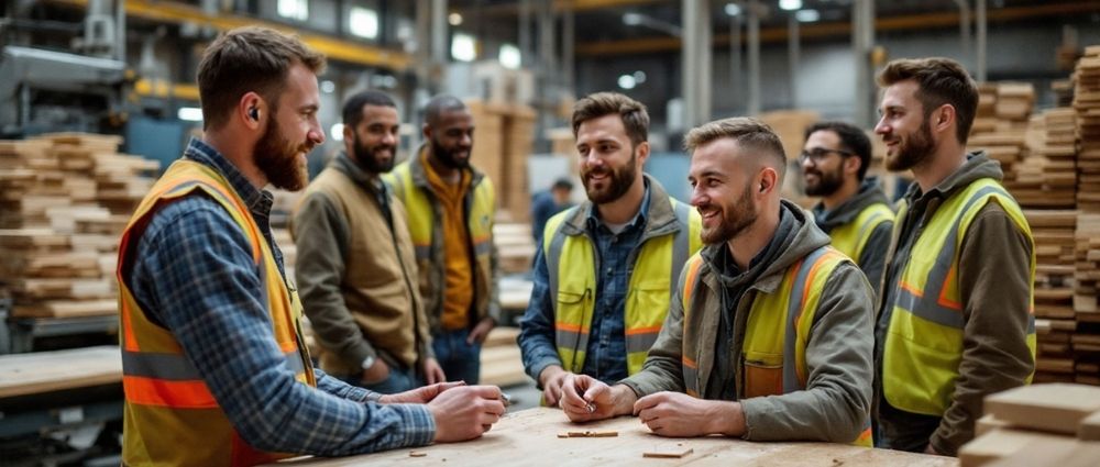 Sechs Männer mit Warnwesten und Gehörschutz stehen in einer Schreinerei und unterhalten sich freundlich bei Holztischen.​​​​​​​​​​​​​​​​​​​​​​​​​