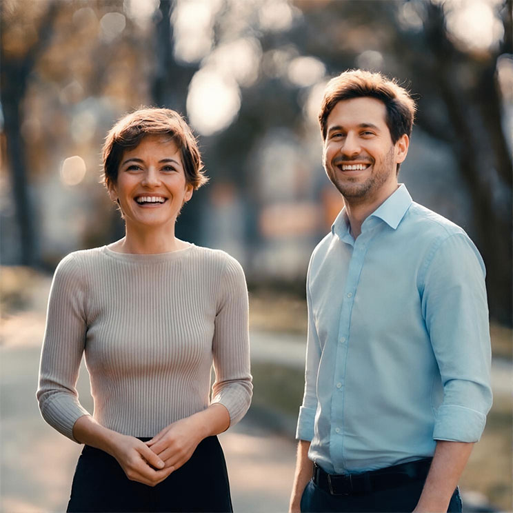 Zwei lächelnde Personen im Freien mit natürlichem Hintergrund, freundliche Stimmung, ideal für Jobangebote.​​​​​​​​​​​​​​​​​​​​​​​​​​​​​​​​​​​​​​