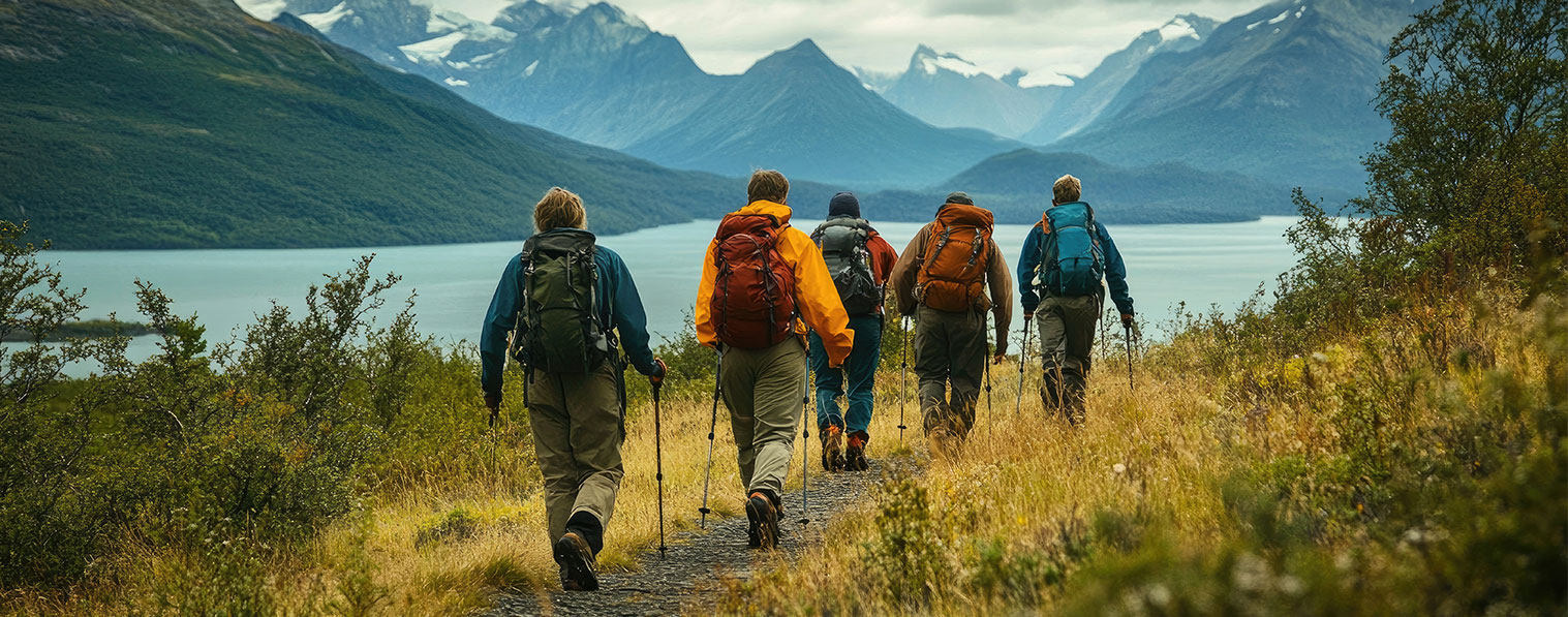 Fünf Wanderer mit Trekkingstöcken und Rucksäcken wandern auf einem Pfad in bergiger Landschaft mit See und bewölktem Himmel.​​​​​​​​​​​​​​​​​​​​​