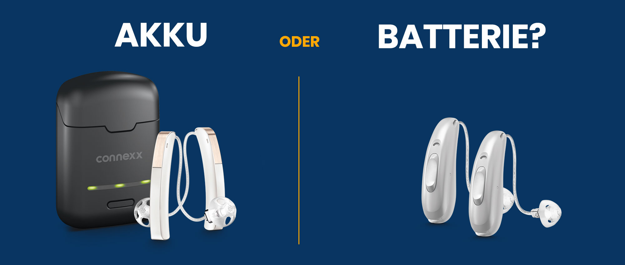 Zwei Paar Hörgeräte auf blauem Hintergrund, links mit Akku, rechts mit Batterien, Vergleich Akku oder Batterie​​​​​​​​​​​​​​​​​​​​​​​​​​​​​​​​​​​