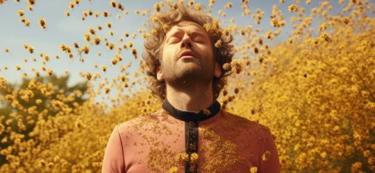 Mann steht mit geschlossenen Augen inmitten fliegender Pollen vor gelben Blüten, Symbol für Pollenallergie.​​​​​​​​​​​​​​​​​​​​​​​​​​​​​​​​​​​​​​