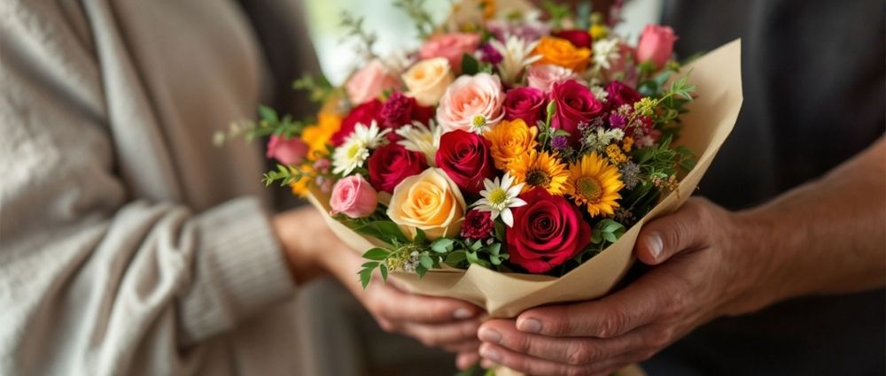 Nahaufnahme eines bunten Blumenstraußes mit Rosen, Gänseblümchen und Sonnenblumen bei der Übergabe​​​​​​​​​​​​​​​​​​​​​​​​​​​​​​​​​​​​​​​​​​​​​​​