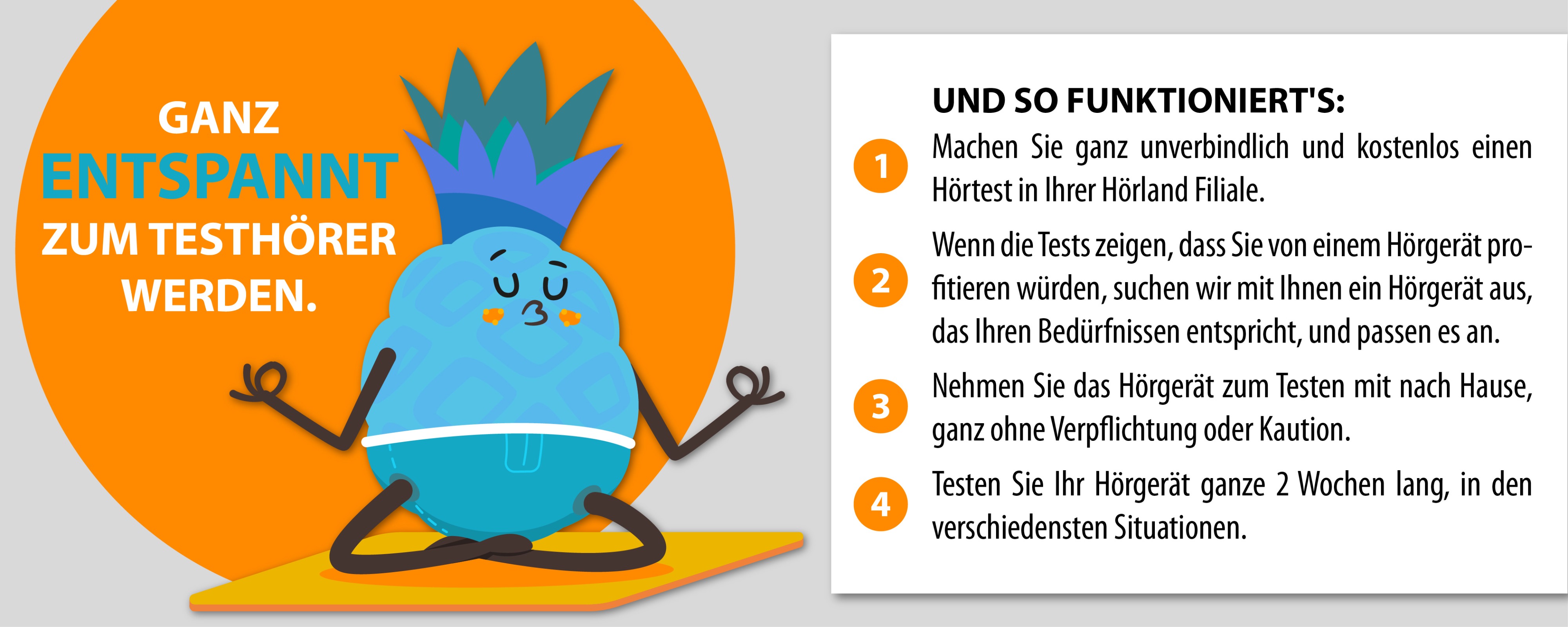 Illustration einer entspannten blauen Ananas beim Meditieren mit Anleitung zum kostenlosen Hörtest in der Hörland Filiale.​​​​​​​​​​​​​​​​​​​​​​​