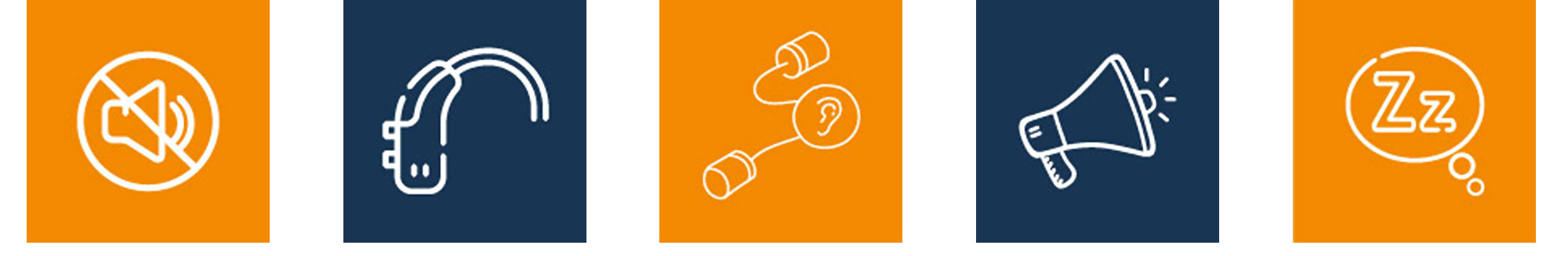 Fünf Symbole zeigen Hörgeräte, Gehörschutz, Lautsprecher, Stummschaltung und Schlafsymbol in blau-orange Farbgebung.​​​​​​​​​​​​​​​​​​​​​​​​​​​​​