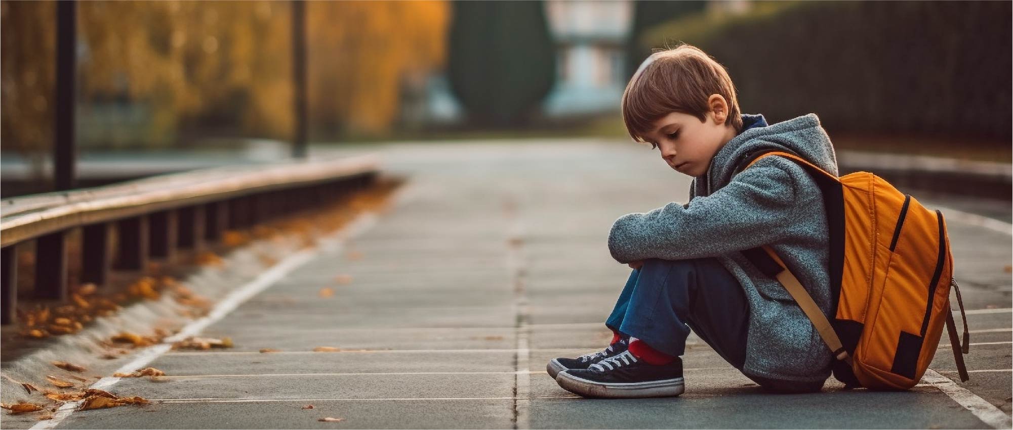 Ein Junge mit grauer Jacke und orangefarbenem Rucksack sitzt nachdenklich auf einem herbstlichen Gehweg.​​​​​​​​​​​​​​​​​​​​​​​​​​​​​​​​​​​​​​​​​