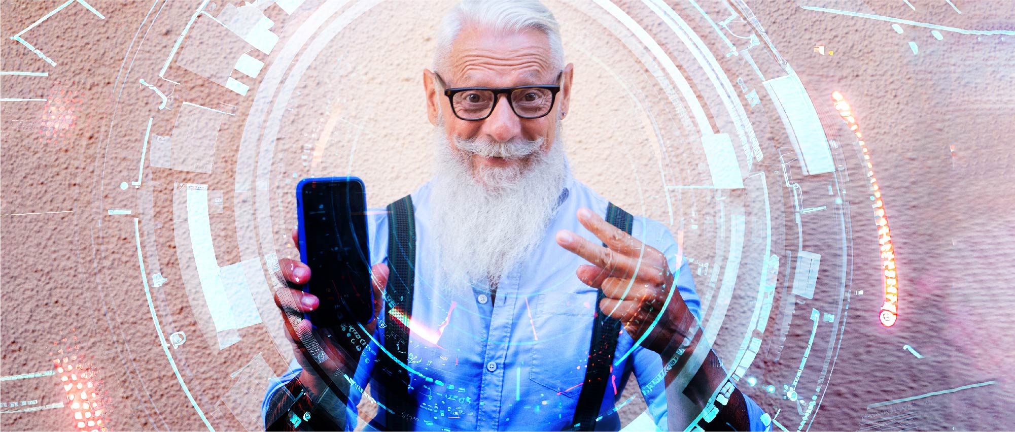 Älterer Mann mit Brille hält Smartphone vor Wand, digitale Grafiken symbolisieren moderne Konnektivität und Technik.​​​​​​​​​​​​​​​​​​​​​​​​​​​​​