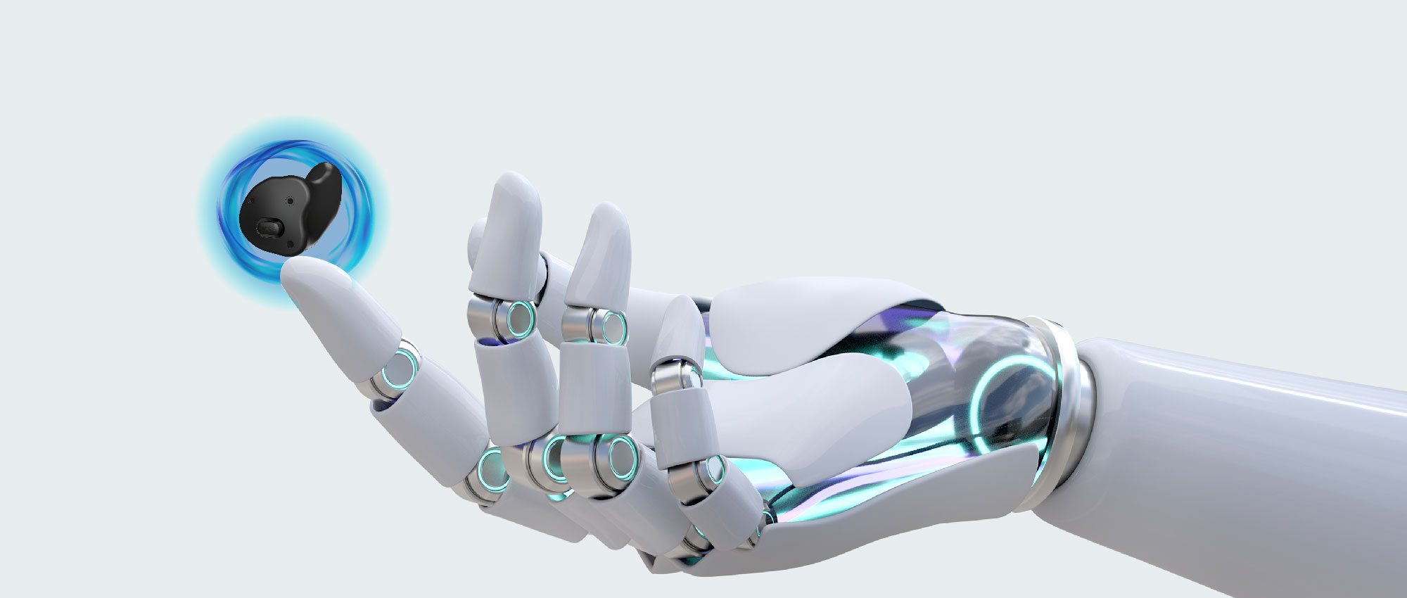 Weiße Roboterhand präsentiert ein kleines schwarzes Hörgerät vor hellem Hintergrund mit futuristischer Ausstrahlung​​​​​​​​​​​​​​​​​​​​​​​​​​​​​​