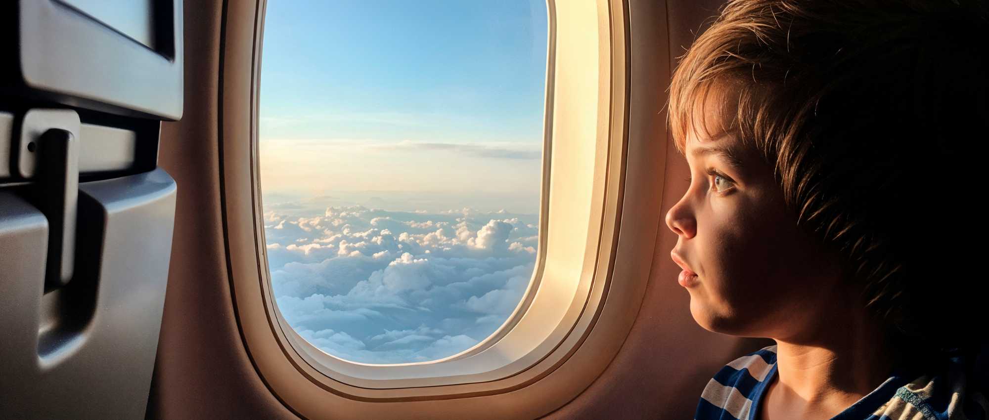 Junge schaut aus dem Flugzeugfenster auf Wolken und blauen Himmel während des Flugs, ruhige Atmosphäre​​​​​​​​​​​​​​​​​​​​​​​​​​​​​​​​​​​​​​​​​​​