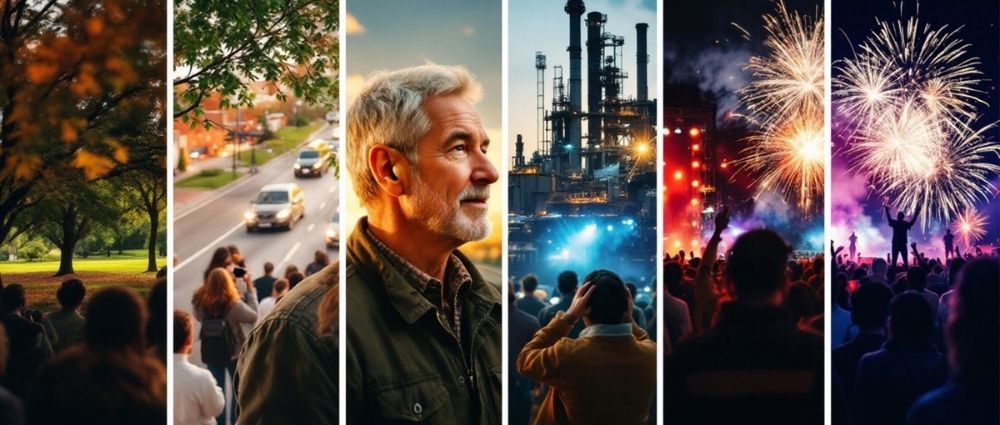 Verschiedene Szenen mit Menschen im Park, Verkehr, Industrieanlage und Feuerwerk zeigen laute Umwelt und Aktivitäten.​​​​​​​​​​​​​​​​​​​​​​​​​​​​