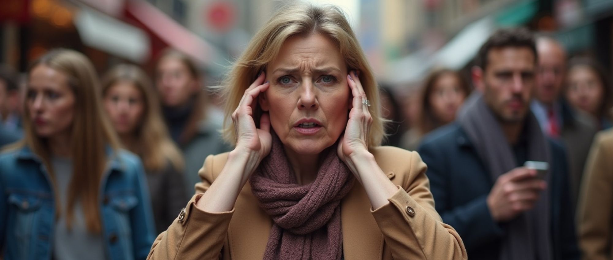 Gestresste Frau hält sich die Ohren in belebter Straße mit vielen Passanten. Geräusche erzeugen Unruhe.​​​​​​​​​​​​​​​​​​​​​​​​​​​​​​​​​​​​​​​​​​