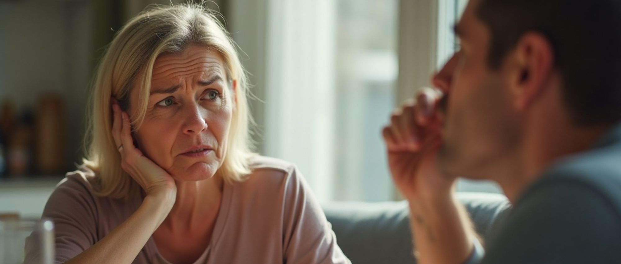 Frau mit besorgtem Gesicht he4lt sich das Ohr, we4hrend Mann neben ihr isst. Szene in hellem Wohnzimmer, Thema Misophonie.​​​​​​​​​​​​​​​​​​​​​​​