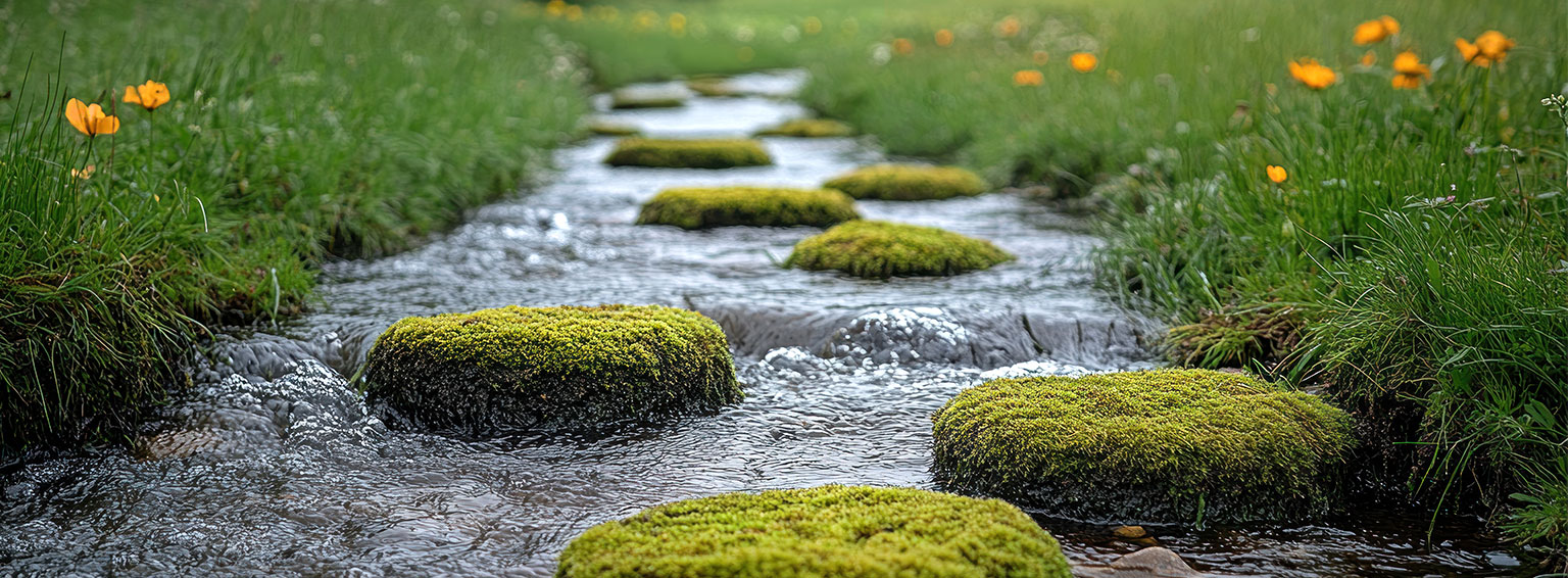 Moosbedeckte Trittsteine führen durch einen ruhigen Bach, umgeben von grünem Gras und gelben Blumen in natürlicher Umgebung.​​​​​​​​​​​​​​​​​​​​​