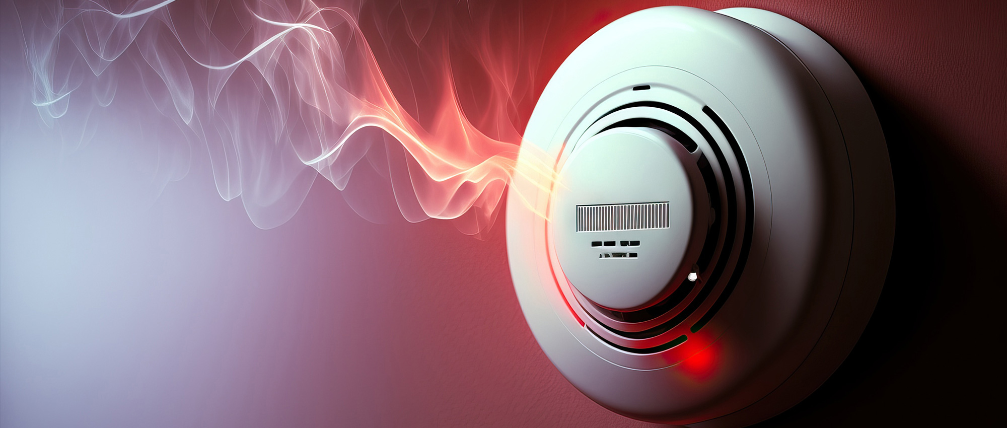 Nahaufnahme eines Rauchmelders mit rotem Warnlicht und Rauchentwicklung an roter Wand zur Sicherheit​​​​​​​​​​​​​​​​​​​​​​​​​​​​​​​​​​​​​​​​​​​​​