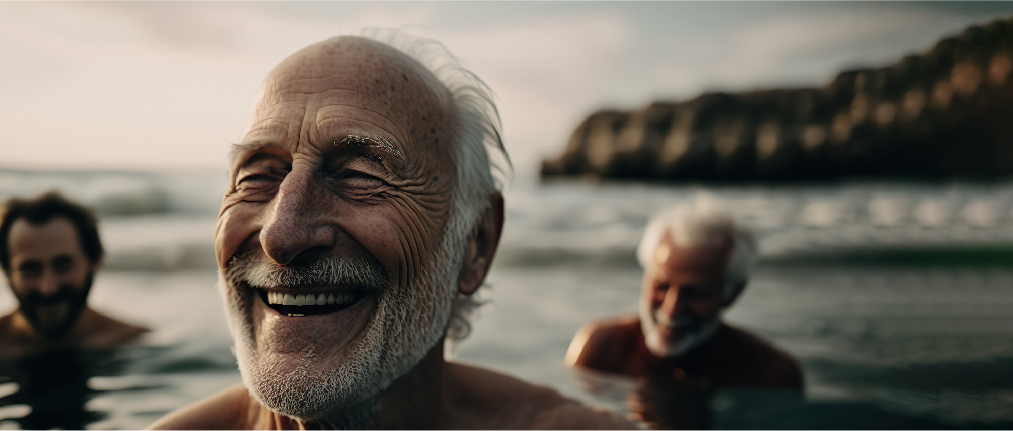 Drei Männer schwimmen im Meer bei Sonnenuntergang, vordergründig ein älterer Mann mit weißem Bart und Lachfalten.​​​​​​​​​​​​​​​​​​​​​​​​​​​​​​​​