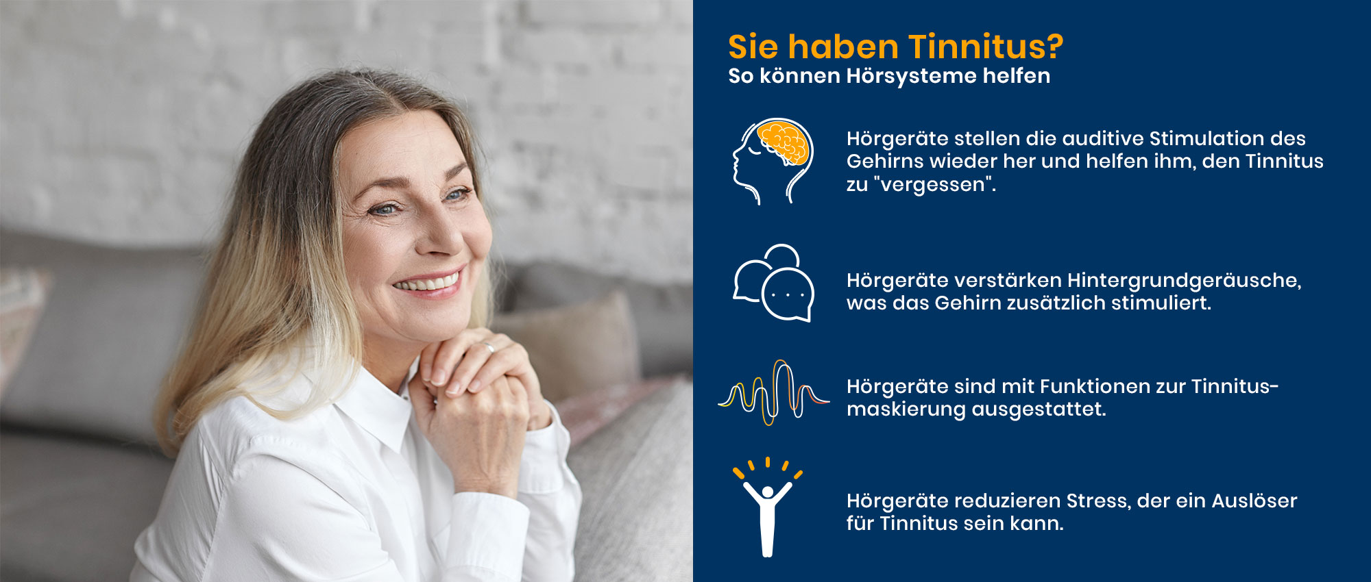 Porträt einer lächelnden Frau neben Infografik mit Tipps zu Hörgeräten bei Tinnitus und deren Wirkungen auf das Gehirn.​​​​​​​​​​​​​​​​​​​​​​​​​​