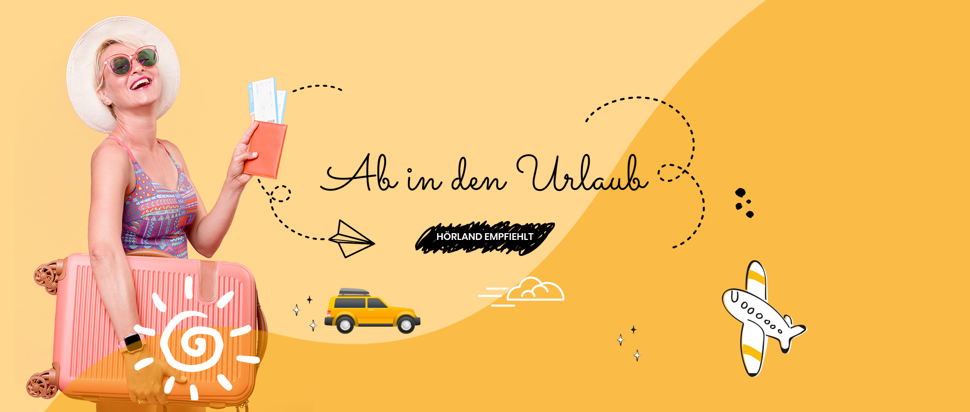 Frau mit Sonnenhut, Sonnenbrille und Koffer hält Flugtickets vor gelbem Hintergrund mit Reise-Illustrationen​​​​​​​​​​​​​​​​​​​​​​​​​​​​​​​​​​​​​