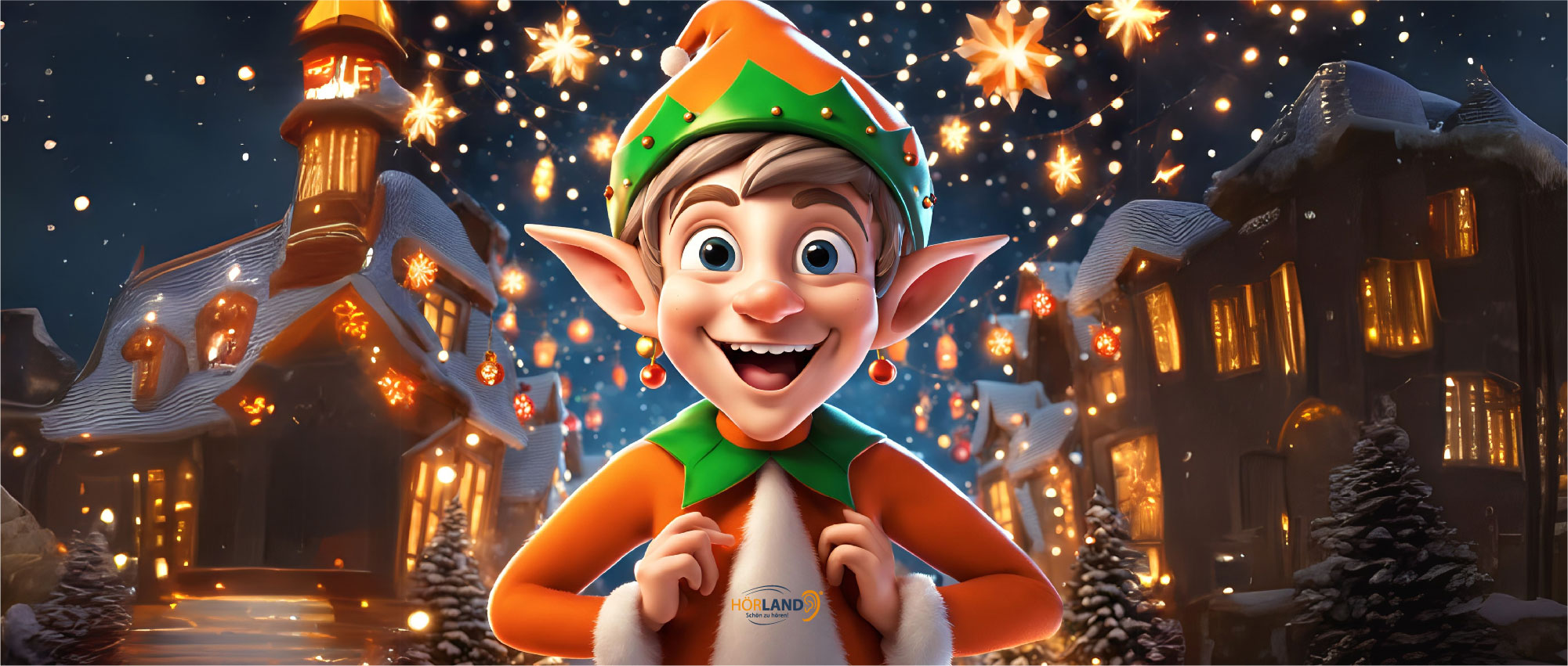 Fröhlicher Weihnachtswichtel mit grün-oranger Mütze vor festlich beleuchteten, verschneiten Häusern in winterlicher Nacht​​​​​​​​​​​​​​​​​​​​​​​​