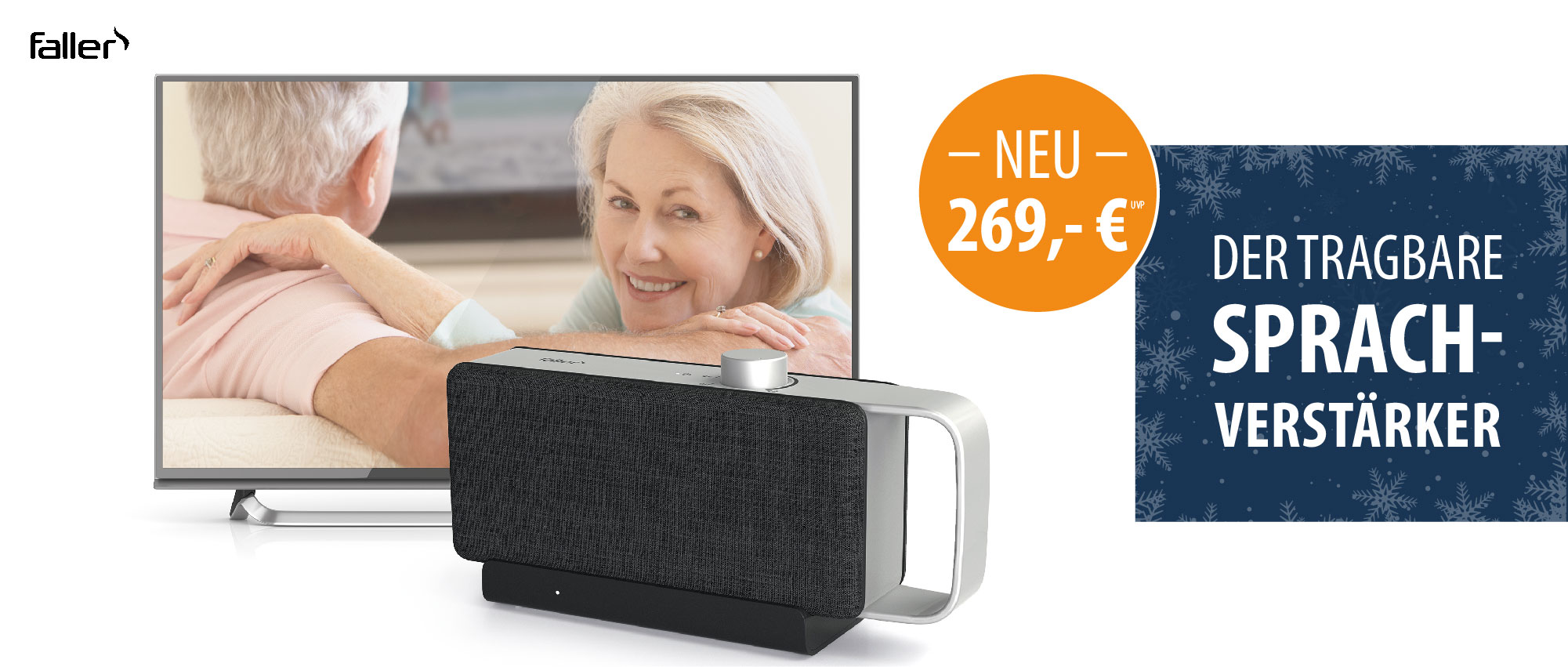 Tragbarer Sprachverstärker vor Fernseher mit älterem Paar im Hintergrund, beworben für bessere Hörbarkeit​​​​​​​​​​​​​​​​​​​​​​​​​​​​​​​​​​​​​​​​