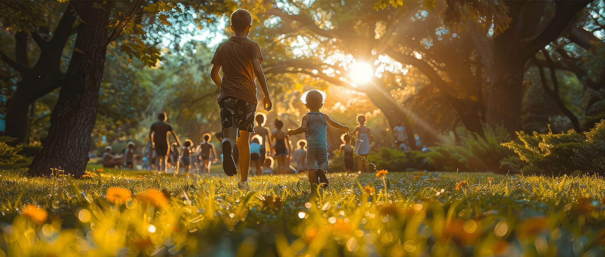 Zwei Kinder laufen im Sonnenuntergang durch einen Park, während andere im Hintergrund spielen. Entdecken Sie bei Hörland Akustik maßgeschneiderte Hörlösungen für jede Lebensphase, um das Leben in vollen Zügen zu genießen.