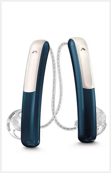 Zwei elegante Hörgeräte in Blau und Weiß. Stilvolle Hörgeräte, modernes Design, Hörkomfort.