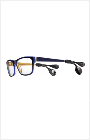 Brille mit integriertem Hörgerät. Hörbrille, kombinierte Seh- und Hörhilfe, innovative Hörtechnologie.