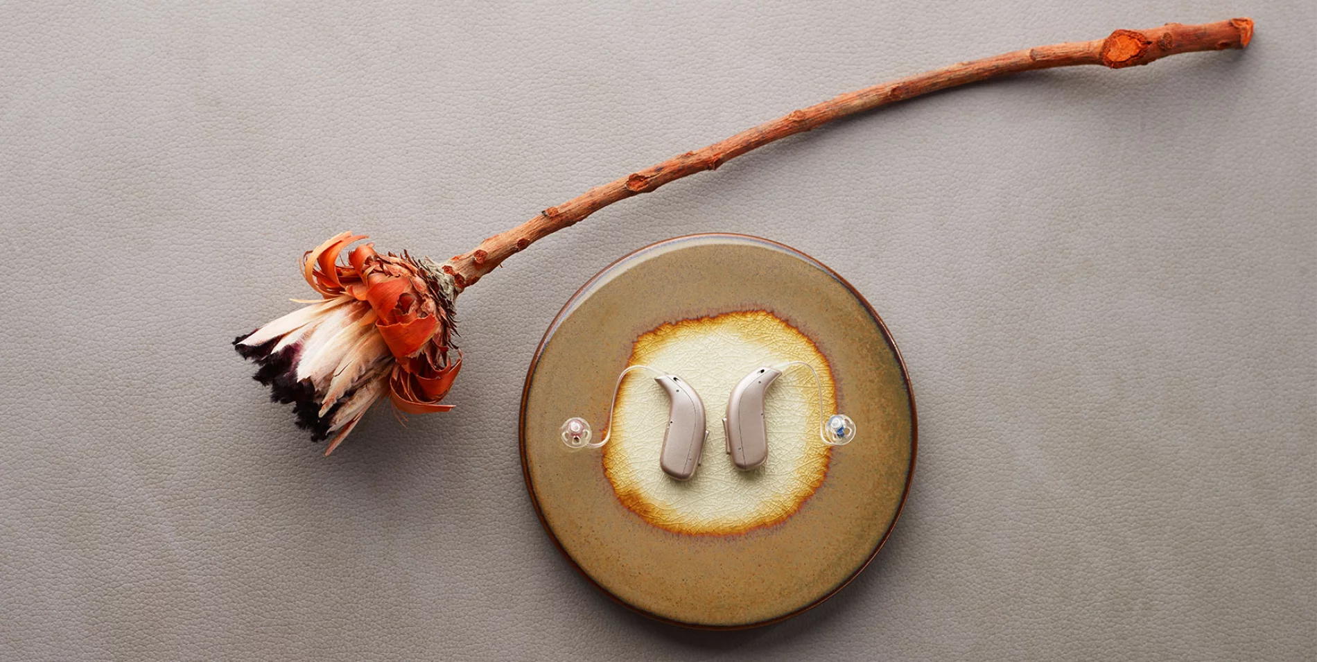 Zwei moderne Hörgeräte auf einem dekorativen Teller neben einer getrockneten Blume. Ästhetische Hörgeräte, modernes Design, Hörakustik.
